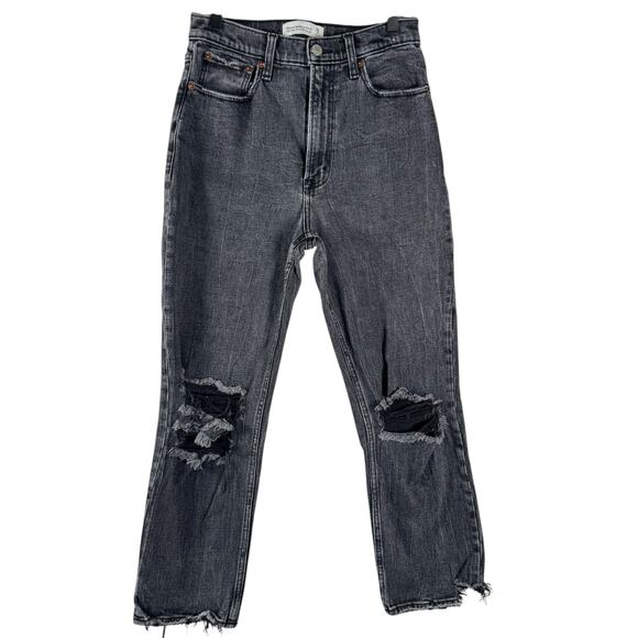 Abercrombie & Fitch Black Distressed Short Ankle High Rise Straight Jeans 28/6S - Picture 1 of 9